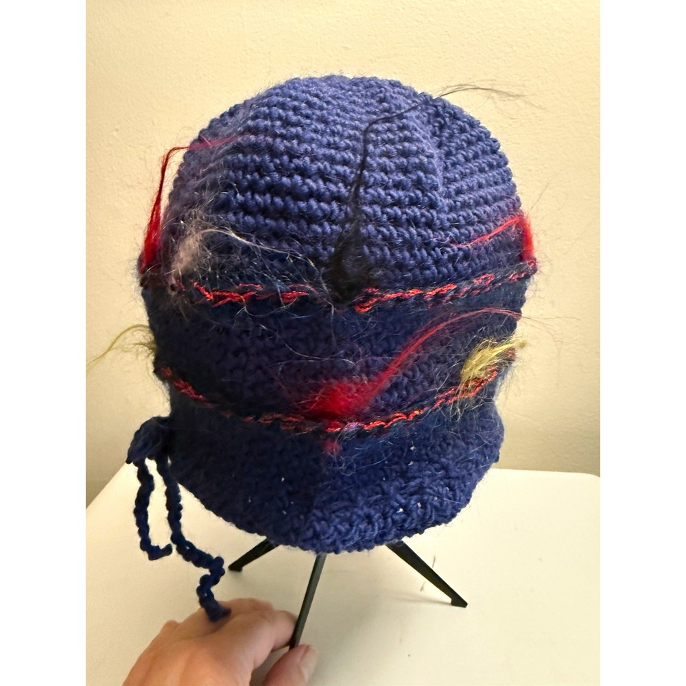 Vintage Handmade Blue Knit Cloche Hat With Multicolor Yarn Accents